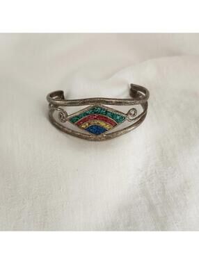 Vintage Alpaca Silver Childrens Cuff Bracelet Rainbow Stone Inlay Mexico